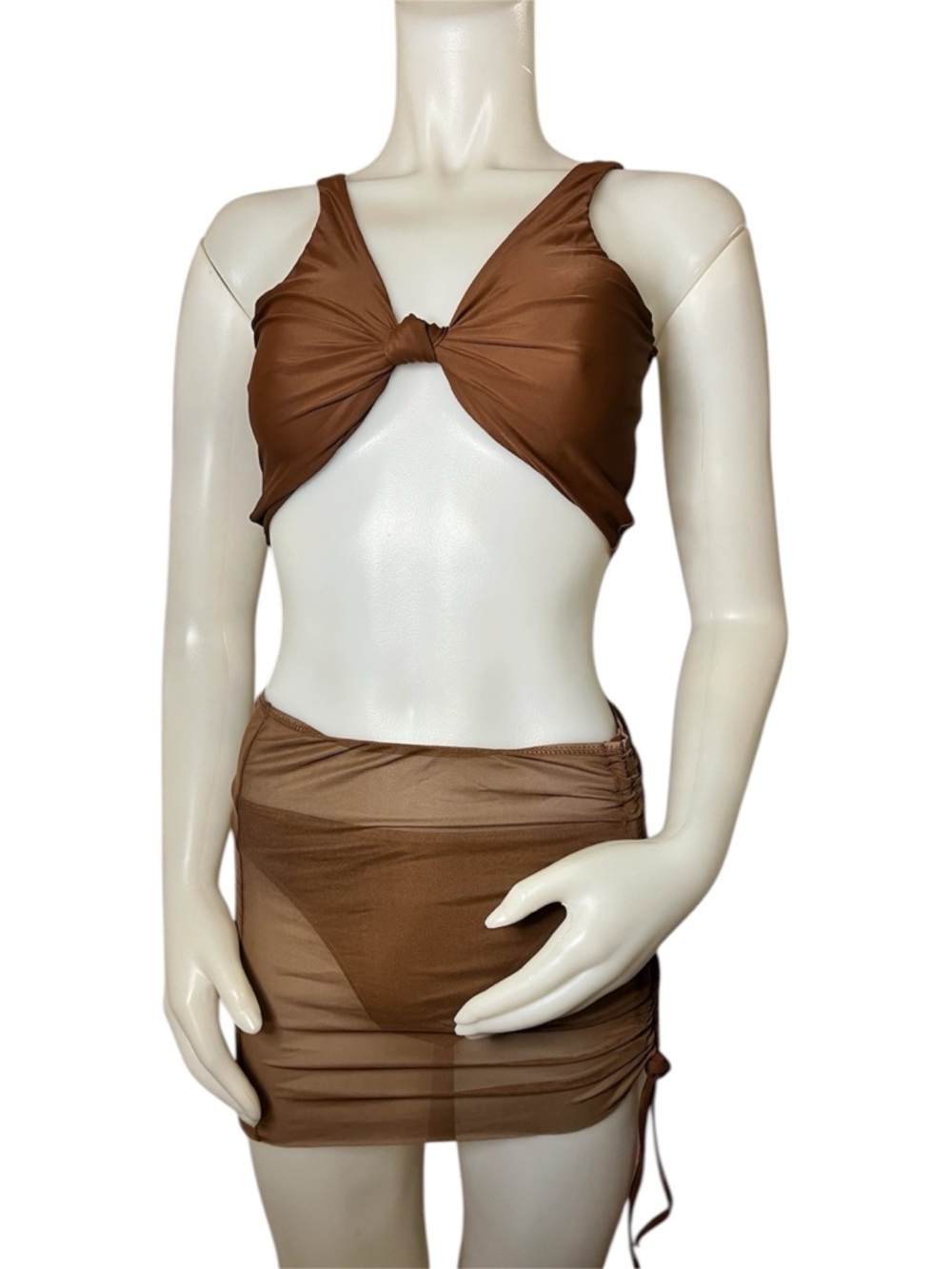 SHEIN Brown Twist Front Bikini Set with Sheer Skirt